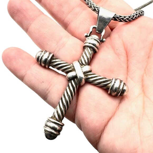 Sterling Silver Necklace Sterling Silver Cross Pendant Foxtail Chain 73 Grams - Picture 1 of 7